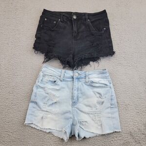 Almost Famous Shorts Lot Of 2 Juniors 9 Black Blue Cut Off Distressed Ripped Y2K